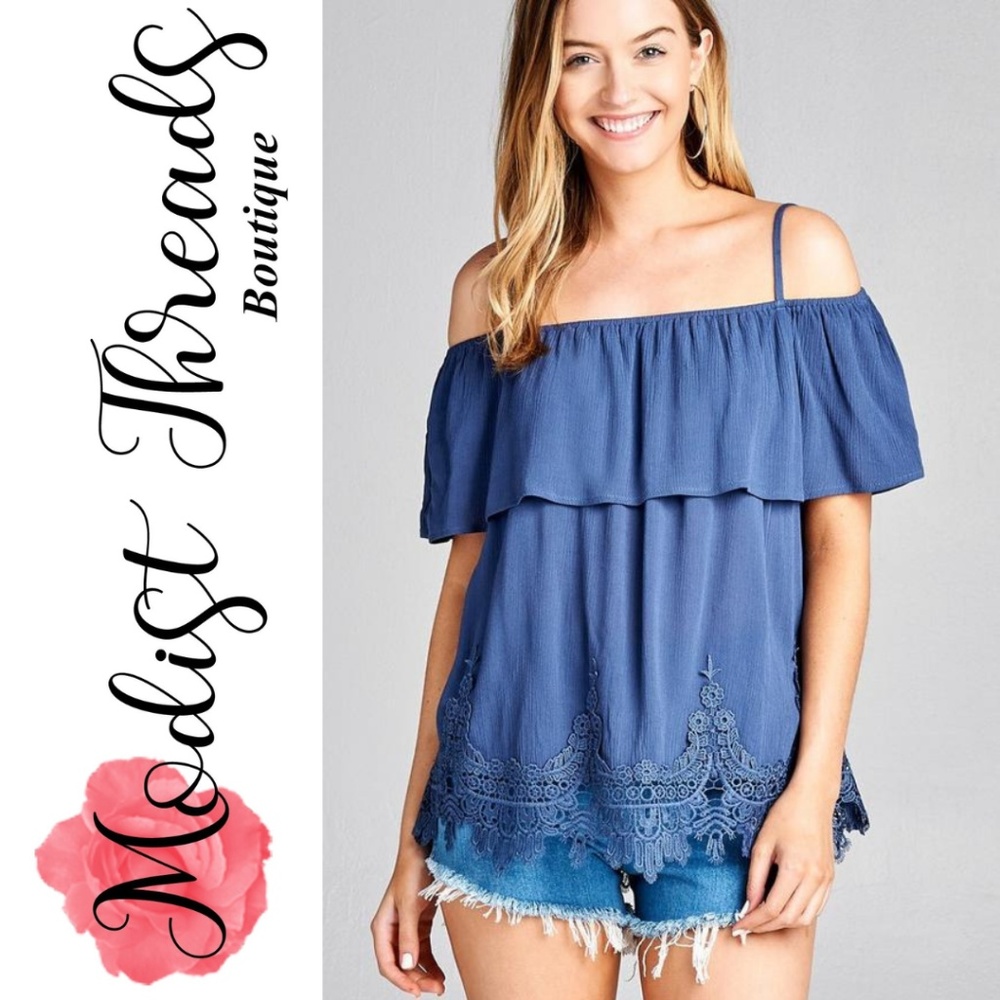 ⚡SALE⚡Blue Flounce Off The Shoulder Woven Crinkle